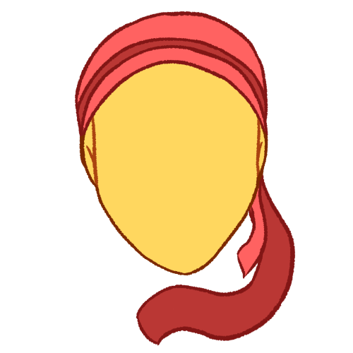 a person wearing a tichel, depicting just a head from the front without any facial features. the tichel is wrapped around the back of their head with one ribbon in the middle of it and a tail going under their chin, with a shorter tail on top of the longer one. the tichel is pink with a dark pink ribbon.